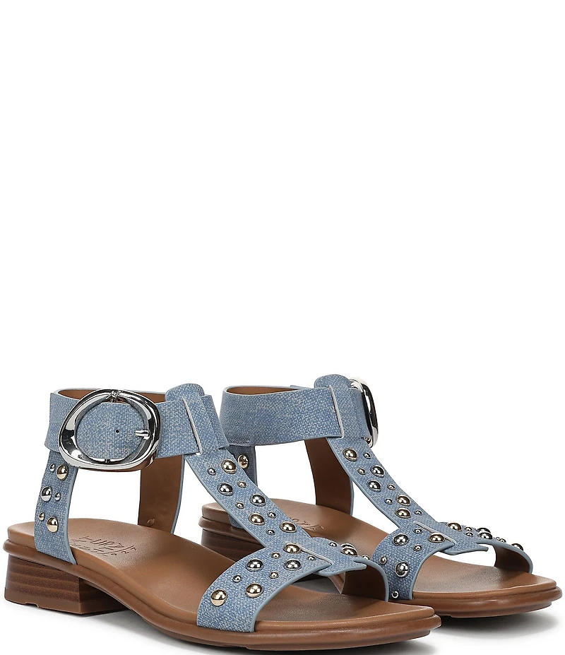 Naturalizer Brandy Studded Denim Big Buckle Hardware T-Strap Ankle Wrap Sandals