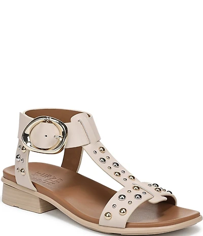 Naturalizer Brandy Studded Leather Big Buckle Hardware T-Strap Ankle Wrap Sandals