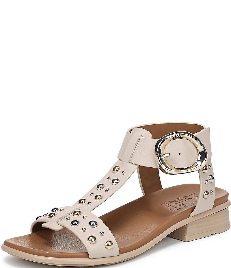 Naturalizer Brandy Studded Leather Big Buckle Hardware T-Strap Ankle Wrap Sandals