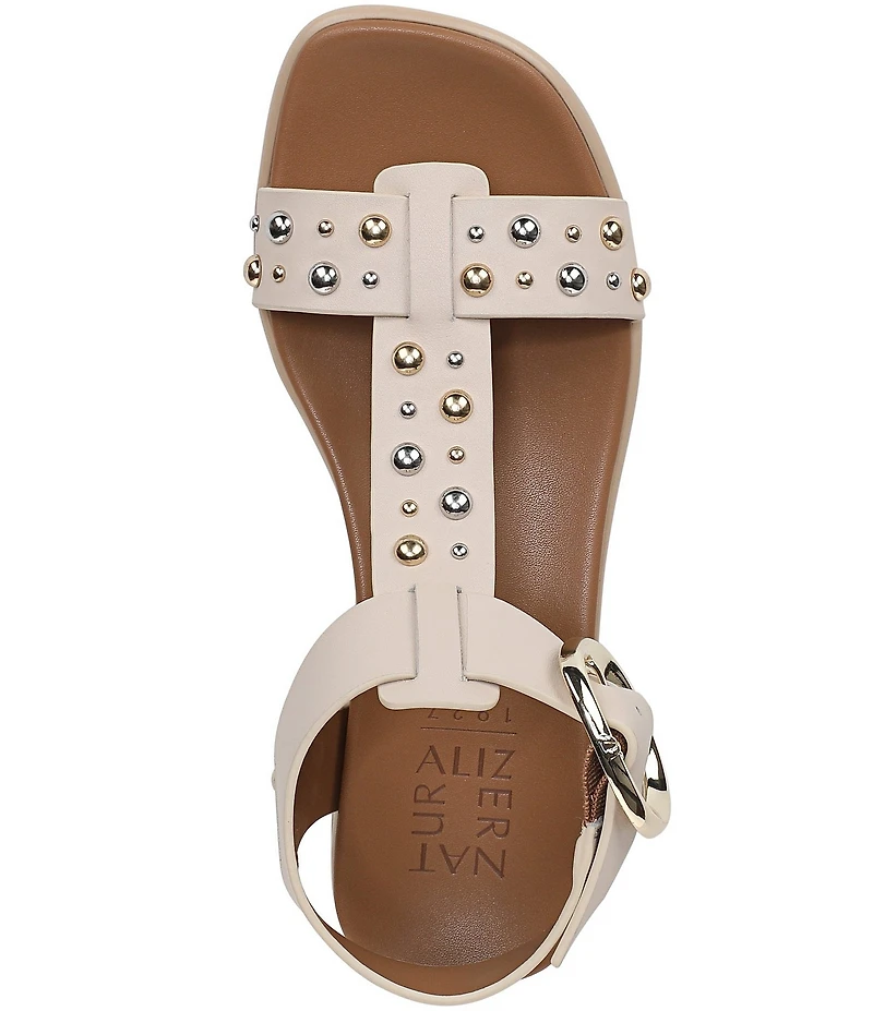Naturalizer Brandy Studded Leather Big Buckle Hardware T-Strap Ankle Wrap Sandals