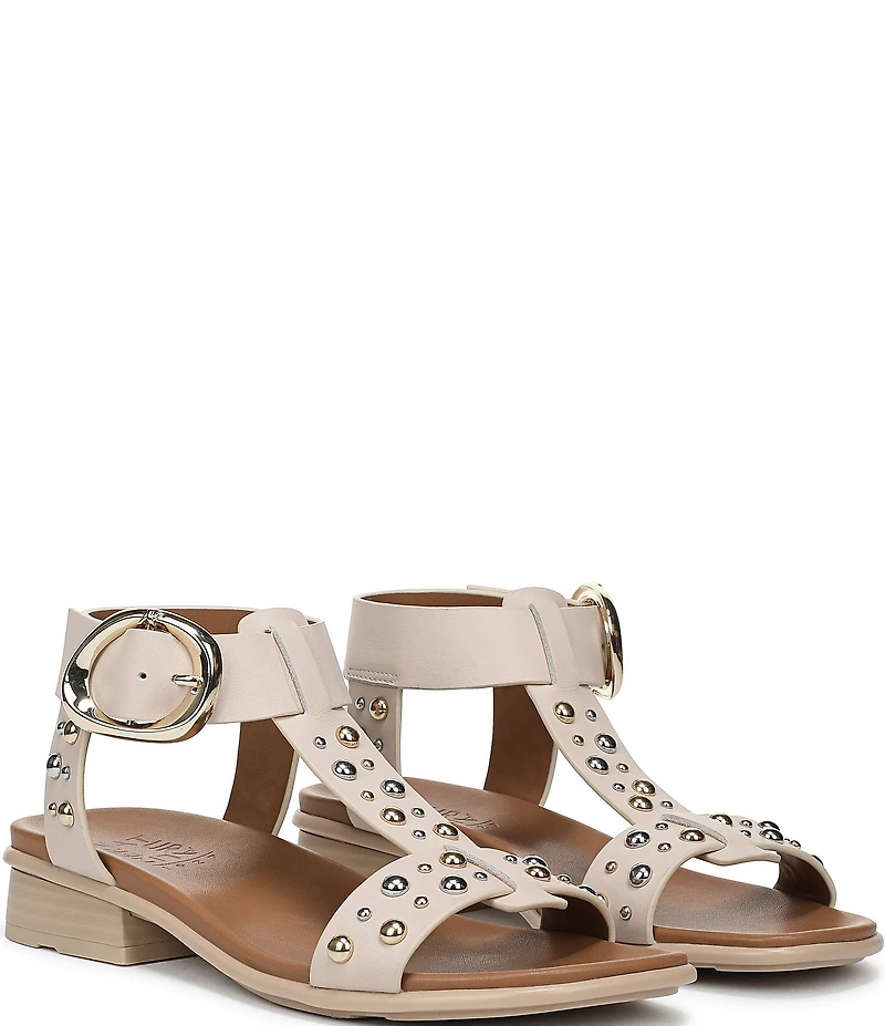 Naturalizer Brandy Studded Leather Big Buckle Hardware T-Strap Ankle Wrap Sandals