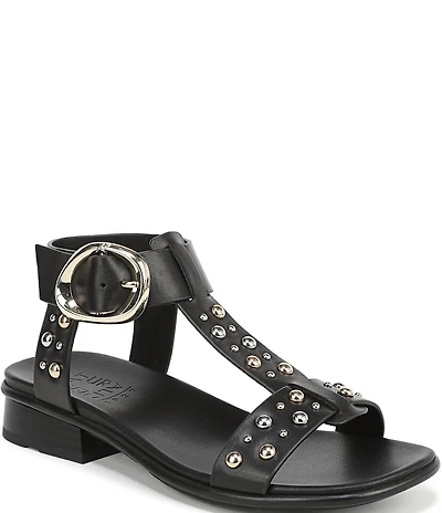 Naturalizer Brandy Studded Leather Big Buckle Hardware T-Strap Ankle Wrap Sandals