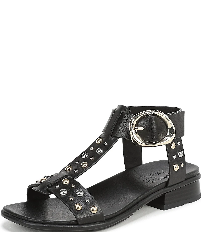 Naturalizer Brandy Studded Leather Big Buckle Hardware T-Strap Ankle Wrap Sandals