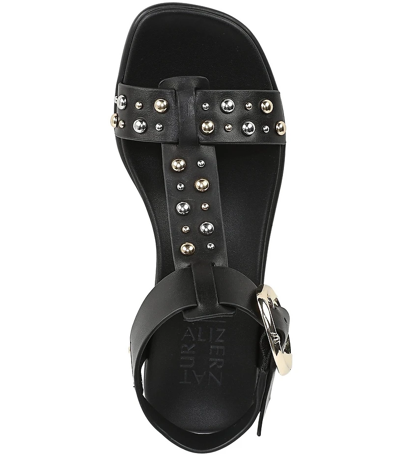 Naturalizer Brandy Studded Leather Big Buckle Hardware T-Strap Ankle Wrap Sandals