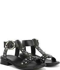 Naturalizer Brandy Studded Leather Big Buckle Hardware T-Strap Ankle Wrap Sandals