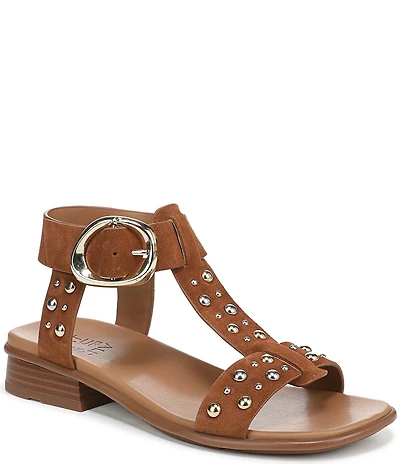 Naturalizer Brandy Suede Stud Big Buckle Hardware T-Strap Ankle Wrap Sandals