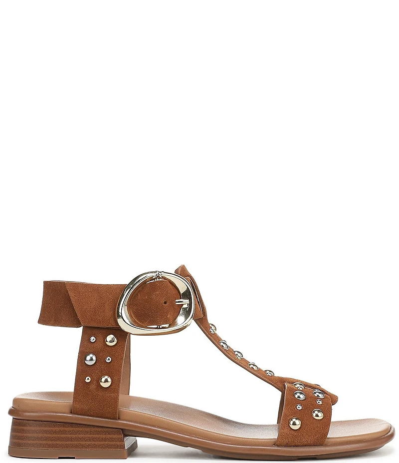 Naturalizer Brandy Suede Stud Big Buckle Hardware T-Strap Ankle Wrap Sandals