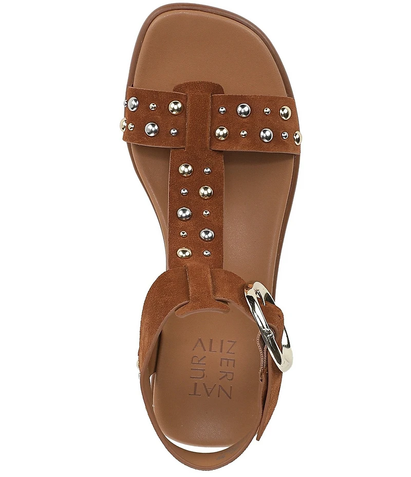 Naturalizer Brandy Suede Stud Big Buckle Hardware T-Strap Ankle Wrap Sandals