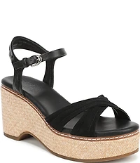 Naturalizer Dovie Leather and Suede Ankle Wrap Sandal Platform Raffia Wedges