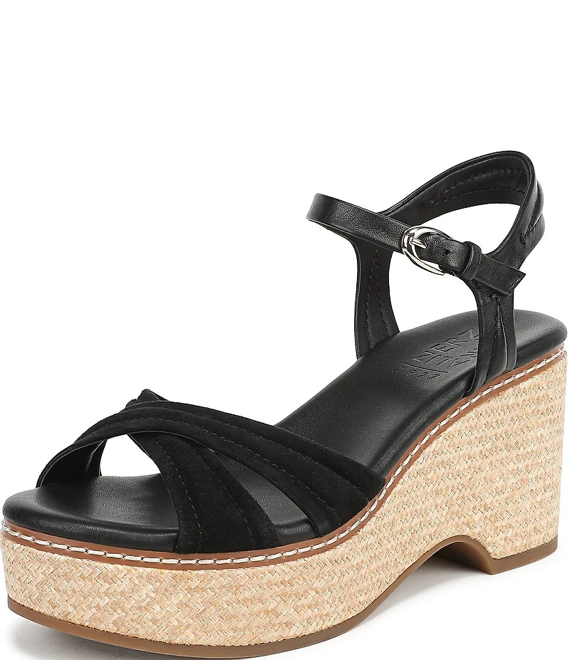 Naturalizer Dovie Leather and Suede Ankle Wrap Sandal Platform Raffia Wedges