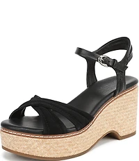 Naturalizer Dovie Leather and Suede Ankle Wrap Sandal Platform Raffia Wedges