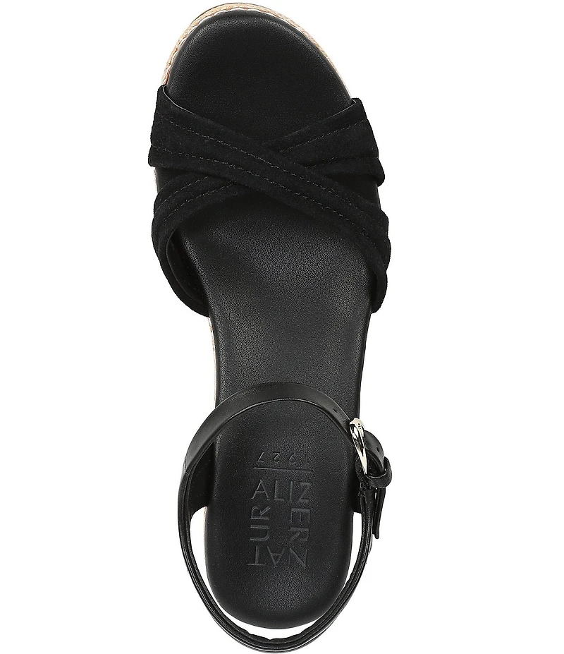 Naturalizer Dovie Leather and Suede Ankle Wrap Sandal Platform Raffia Wedges