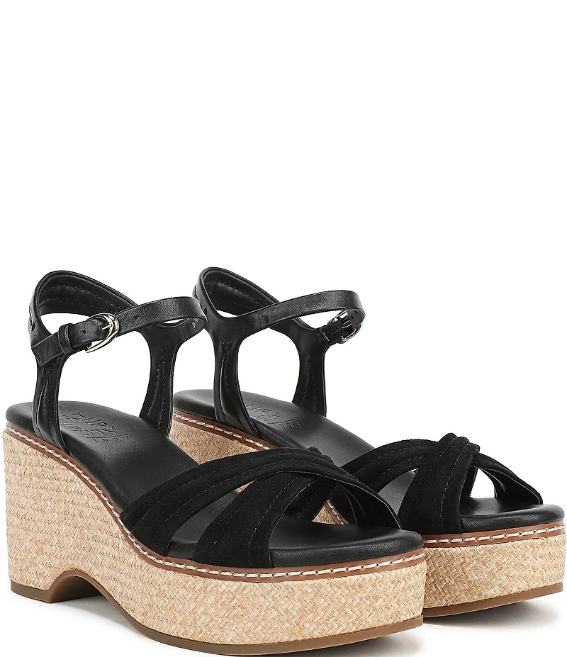 Naturalizer Dovie Leather and Suede Ankle Wrap Sandal Platform Raffia Wedges