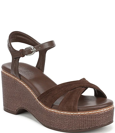 Naturalizer Dovie Leather and Suede Ankle Wrap Sandal Platform Raffia Wedges