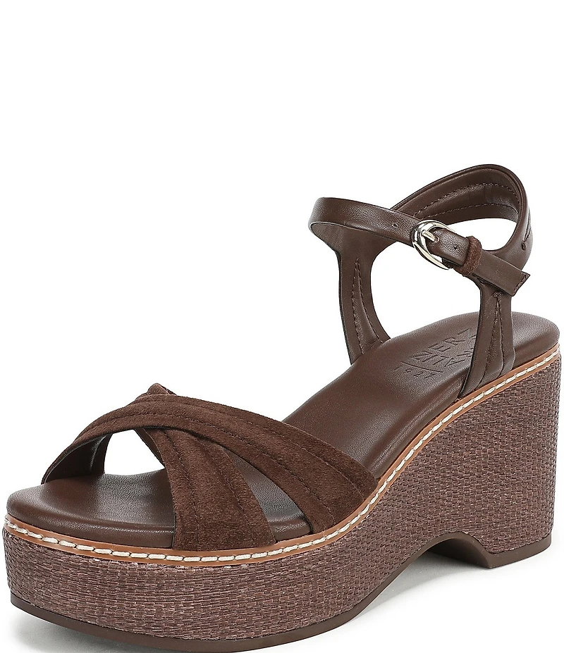 Naturalizer Dovie Leather and Suede Ankle Wrap Sandal Platform Raffia Wedges
