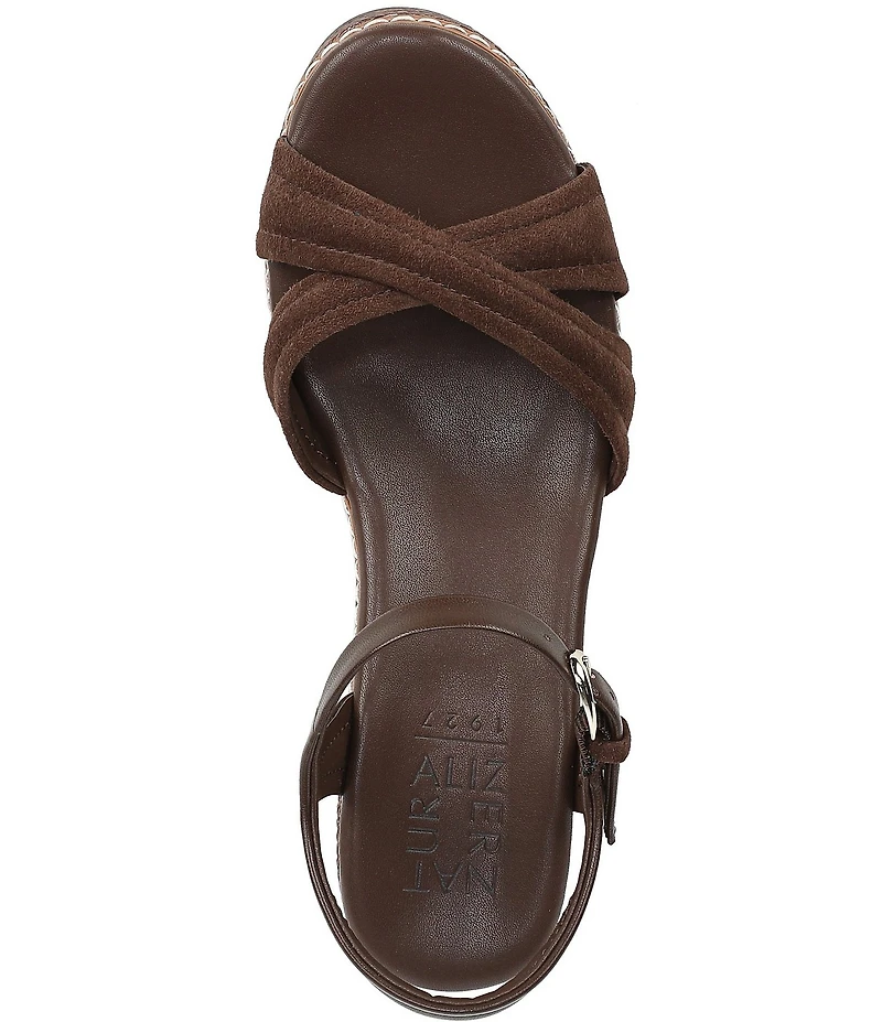 Naturalizer Dovie Leather and Suede Ankle Wrap Sandal Platform Raffia Wedges