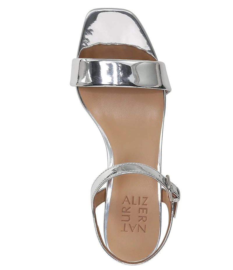 Naturalizer Izzy Patent Metallic Mirror Square Toe Ankle Strap Block Heel Dress Sandals