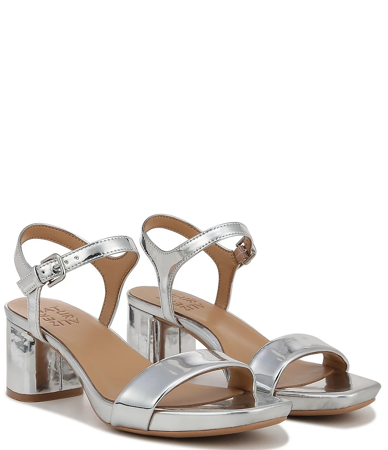 Naturalizer Izzy Patent Metallic Mirror Square Toe Ankle Strap Block Heel Dress Sandals