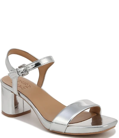 Naturalizer Izzy Patent Metallic Mirror Square Toe Ankle Strap Block Heel Dress Sandals