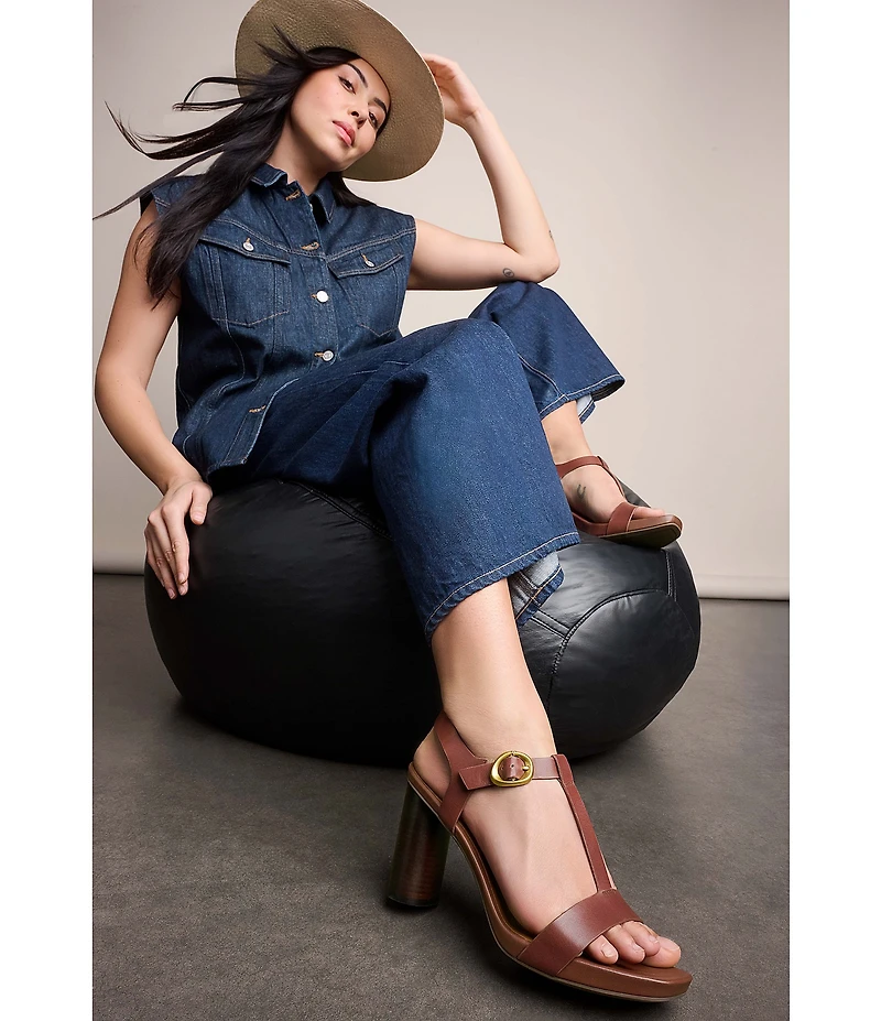 Naturalizer Jordis Leather Buckle Hardware T-Strap Dress Sandals