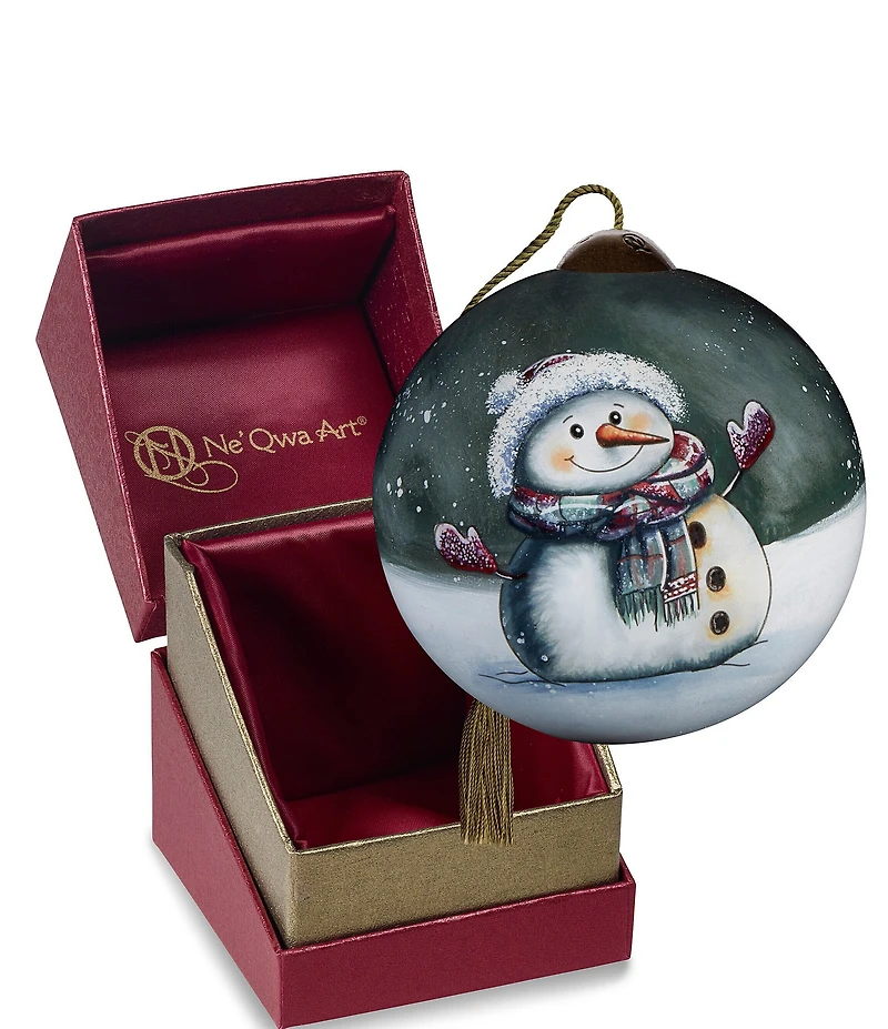Ne' Qwa Art Small Snowman with Mittens Hand Painted Blown Glass Ornament