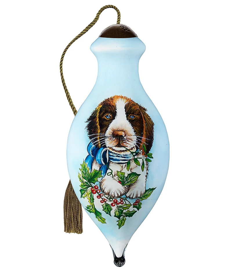 Ne' Qwa Art 2025 Dog with Holly Hand Painted Blown Glass Ornament