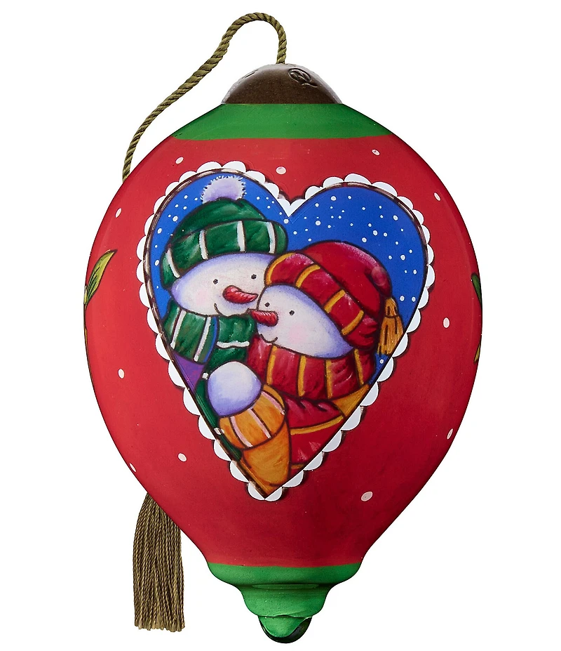Ne' Qwa Art 2025 Snow Couple in Heart Shape Hand Painted Blown Glass Ornament