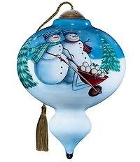 Ne' Qwa Art 2025 Snow Couple with Wheel Barrow Hand Painted Blown Glass Ornament