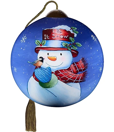 Ne' Qwa Art 2025 Snowman with Chickadee Hand Painted Blown Glass Ornament