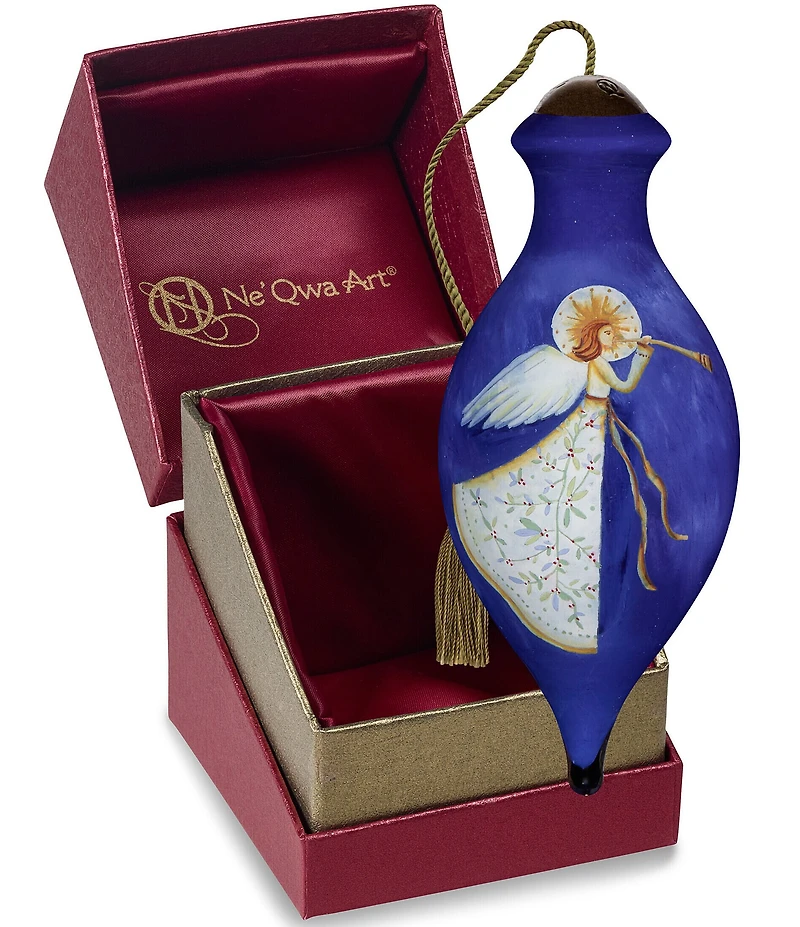 Ne' Qwa Art Angel With Horn And Holly Dress Hand Painted Blown Glass Ornament