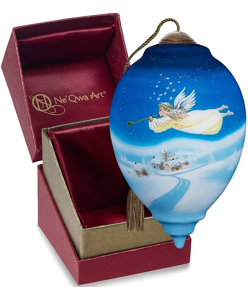 Ne' Qwa Art Angel With Horn Flying Over Town Hand Painted Blown Glass Ornament