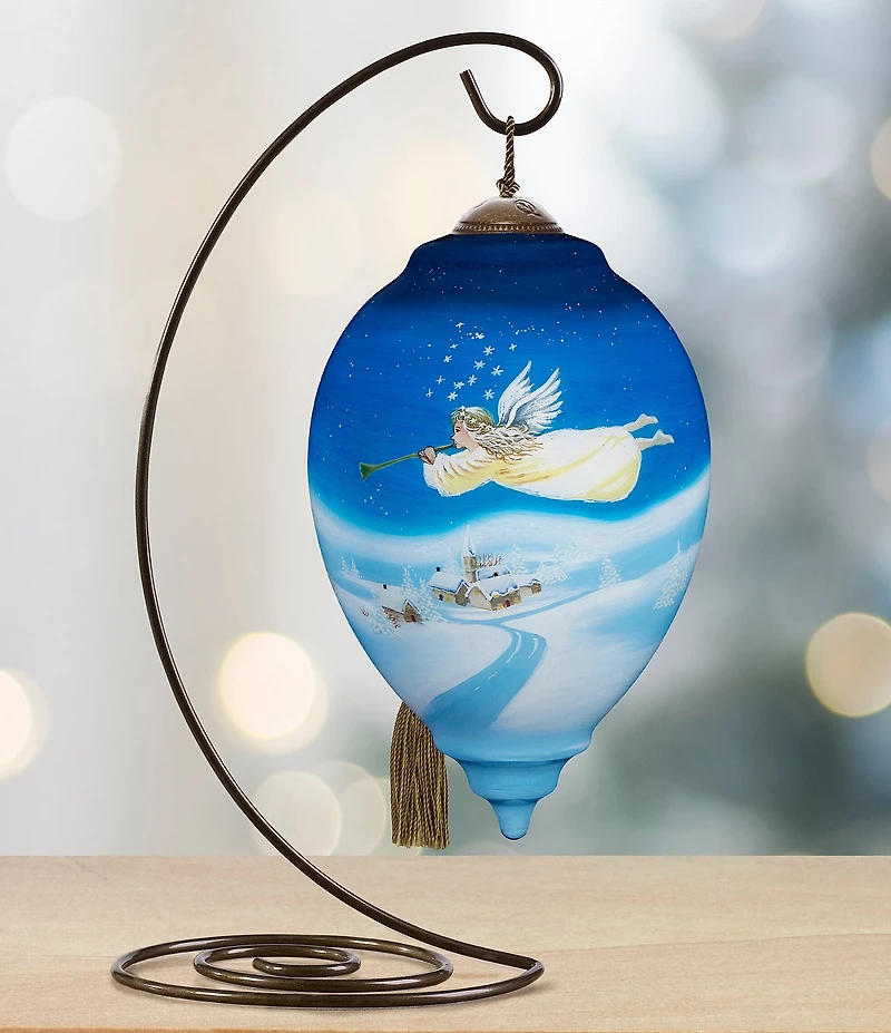 Ne' Qwa Art Angel With Horn Flying Over Town Hand Painted Blown Glass Ornament