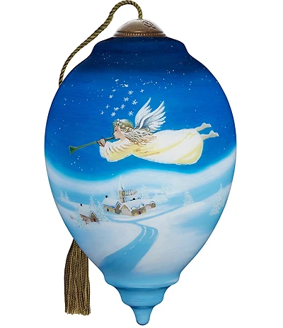 Ne' Qwa Art Angel With Horn Flying Over Town Hand Painted Blown Glass Ornament