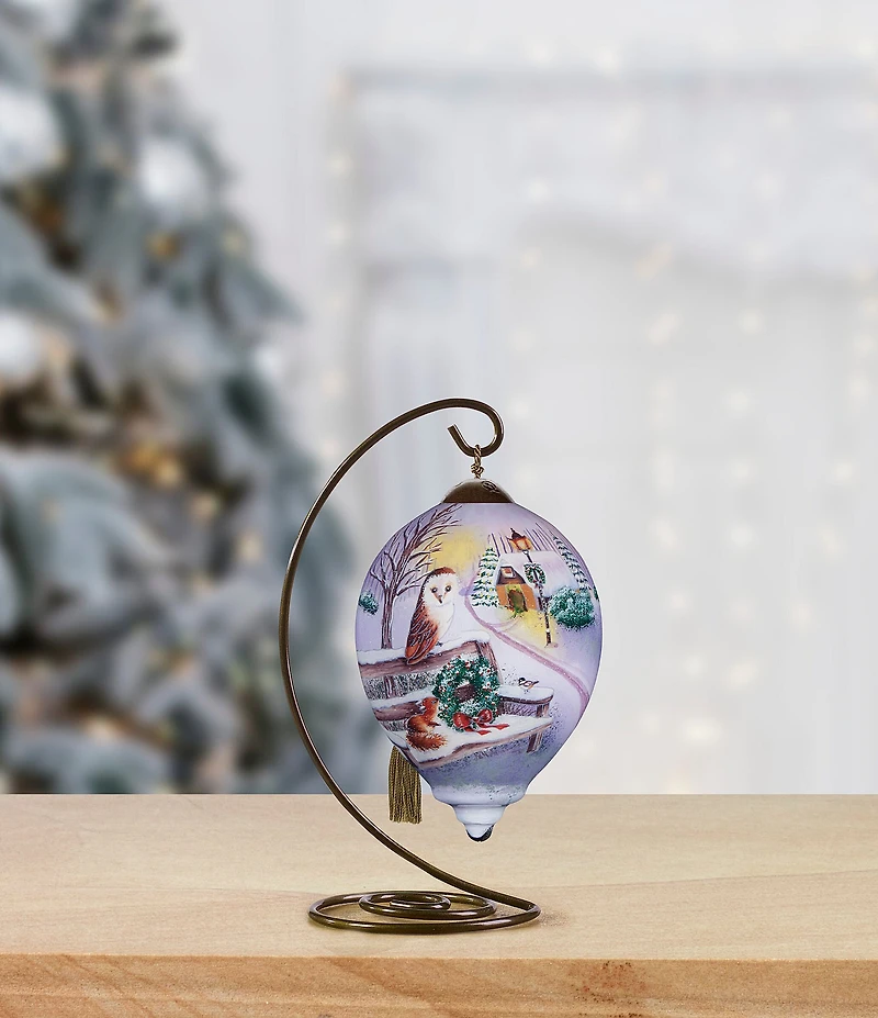 Ne' Qwa Art Animals On Bench Hand Painted Blown Glass Ornament