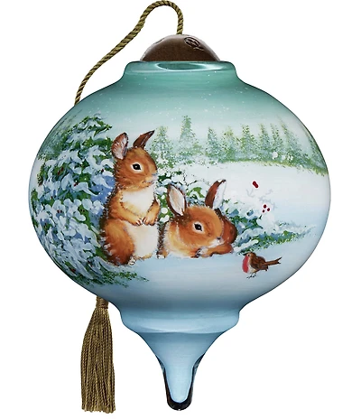 Ne' Qwa Art Bunnies in The Snow Hand Painted Blown Glass Ornament