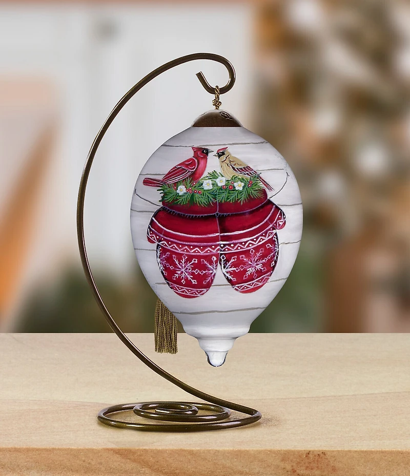 Ne' Qwa Art Cardinal Couple On Mittens Hand Painted Blown Glass Ornament