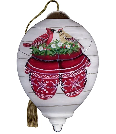 Ne' Qwa Art Cardinal Couple On Mittens Hand Painted Blown Glass Ornament