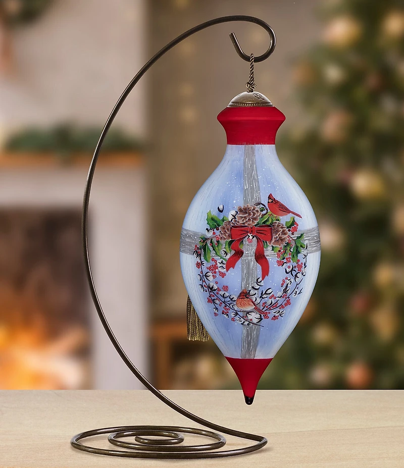 Ne' Qwa Art Cardinal Couple On Wreath Hand Painted Blown Glass Ornament