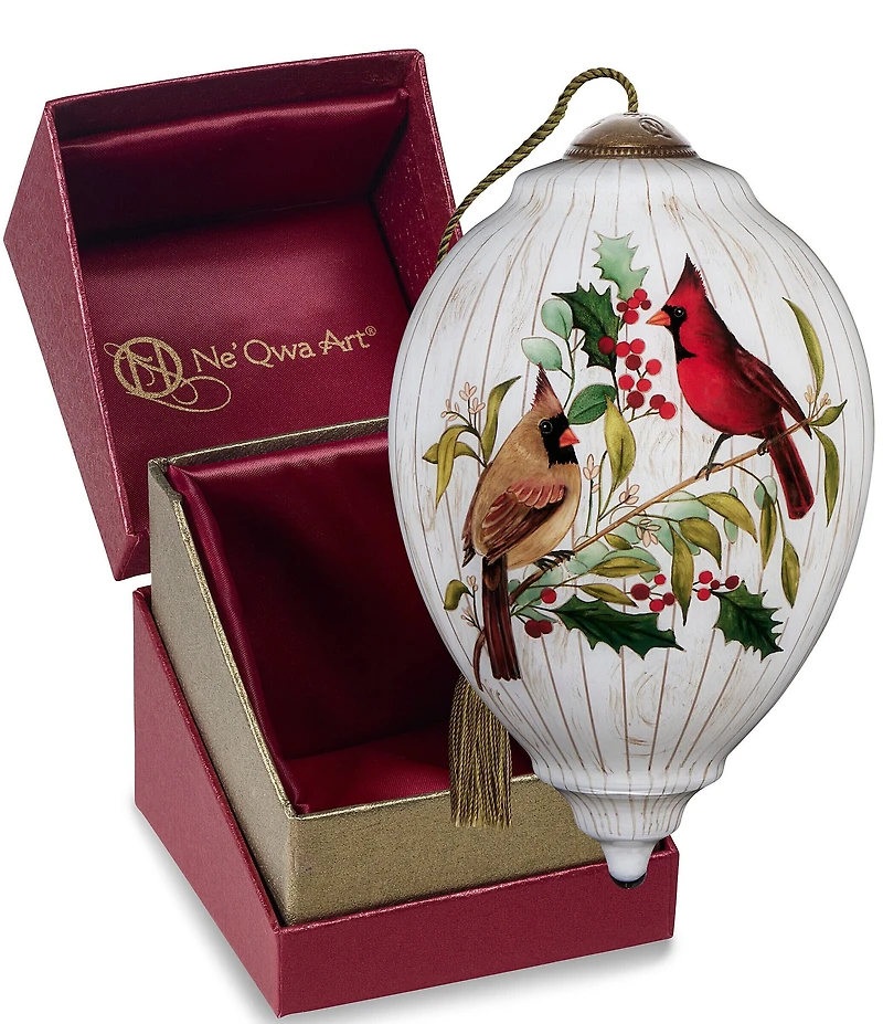 Ne' Qwa Art Cardinal Couple With Holly Hand Painted Blown Glass Ornament