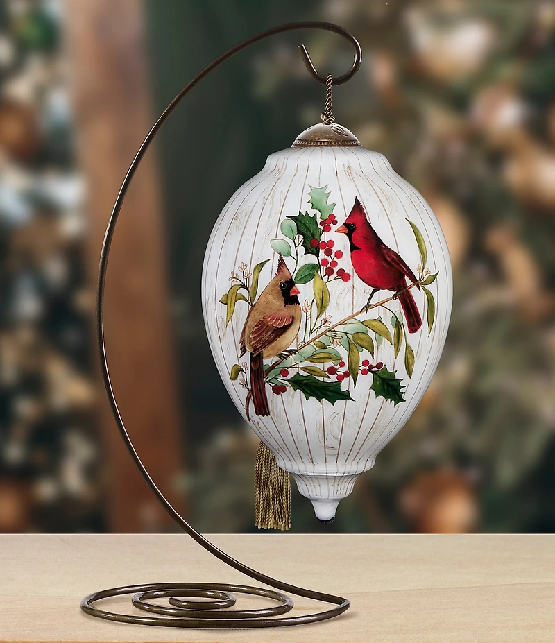 Ne' Qwa Art Cardinal Couple With Holly Hand Painted Blown Glass Ornament