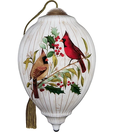 Ne' Qwa Art Cardinal Couple With Holly Hand Painted Blown Glass Ornament