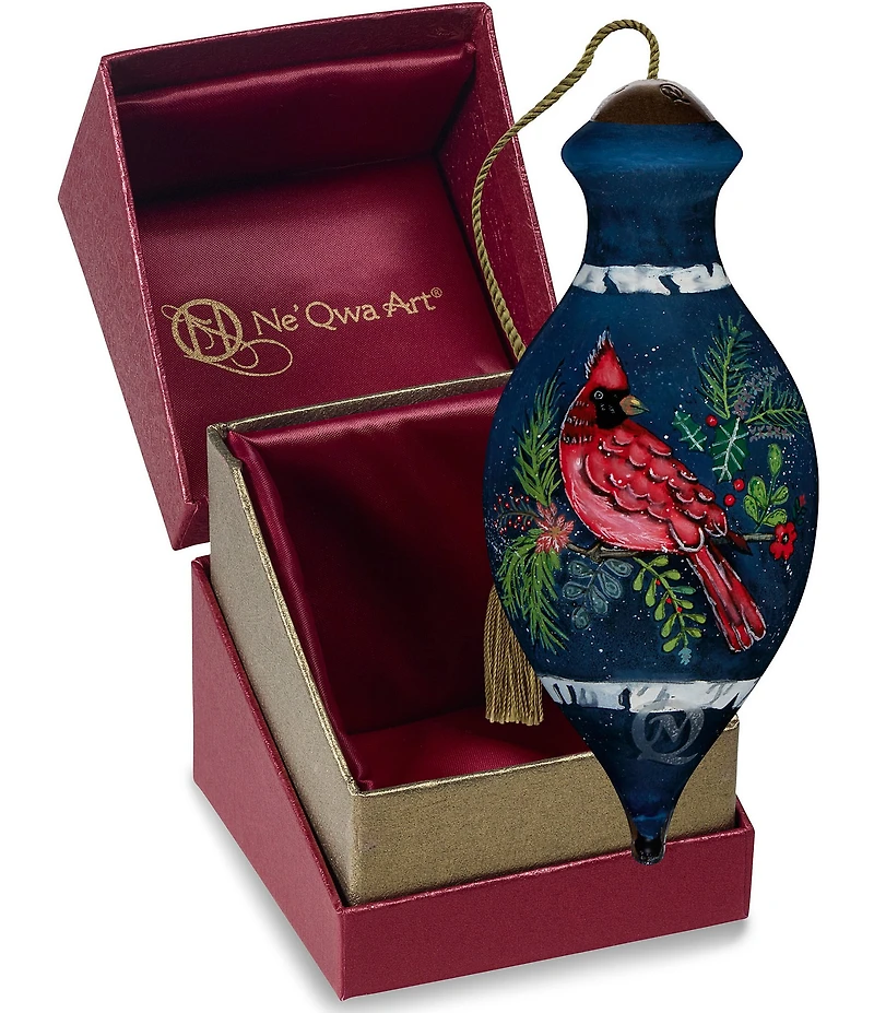 Ne' Qwa Art Cardinal With Greenery Hand Painted Blown Glass Ornament