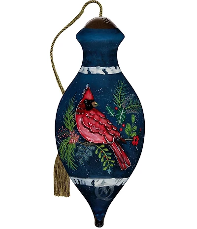 Ne' Qwa Art Cardinal With Greenery Hand Painted Blown Glass Ornament