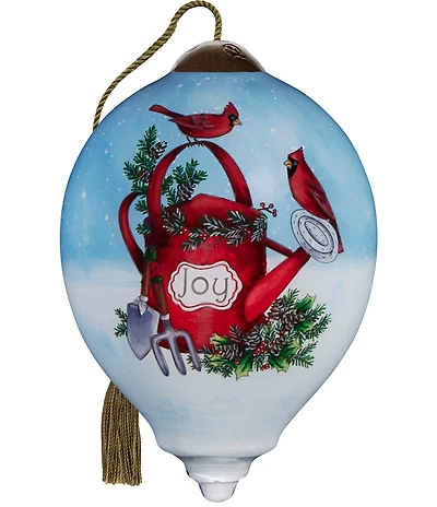 Ne' Qwa Art Cardinals On Joy Watering Can Hand Painted Blown Glass Ornament
