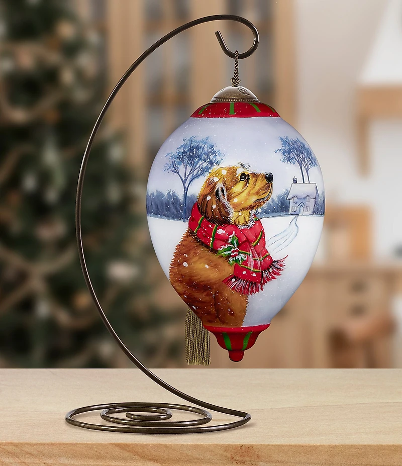 Ne' Qwa Art Dog With Scarf Hand Painted Blown Glass Ornament