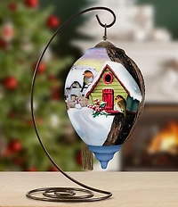 Ne' Qwa Art European Robins On Birdhouse Hand Painted Blown Glass Ornament