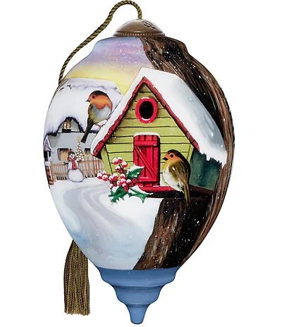 Ne' Qwa Art European Robins On Birdhouse Hand Painted Blown Glass Ornament