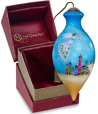 Ne' Qwa Art Floral Angel Flying Over City Hand Painted Blown Glass Ornament