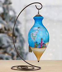 Ne' Qwa Art Floral Angel Flying Over City Hand Painted Blown Glass Ornament