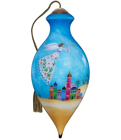 Ne' Qwa Art Floral Angel Flying Over City Hand Painted Blown Glass Ornament